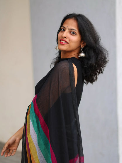 Black Multicolor Strip Tassel Linen cotton saree