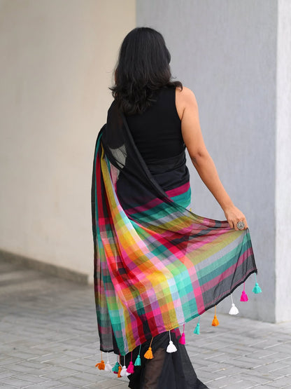 Black Multicolor Strip Tassel Linen cotton saree