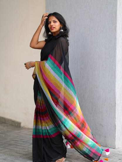 Black Multicolor Strip Tassel Linen cotton saree