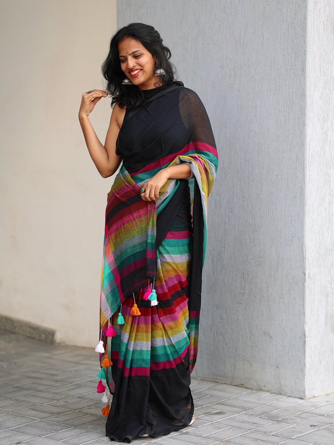 Black Multicolor Strip Tassel Linen cotton saree