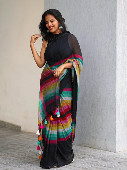 Black Multicolor Strip Tassel Linen cotton saree