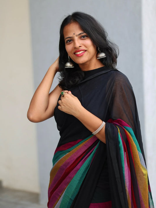 Black Multicolor Strip Tassel Linen cotton saree