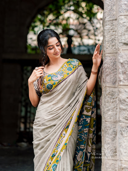 Grey Soft Linen Cotton Saree With Matching Blouse