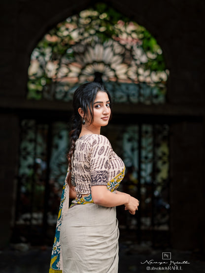 Grey Soft Linen Cotton Saree With Matching Blouse