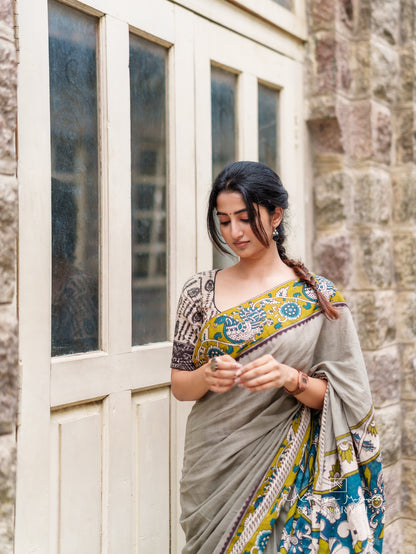 Grey Soft Linen Cotton Saree With Matching Blouse