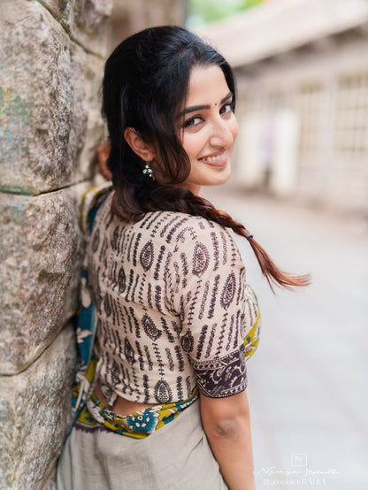 Grey Soft Linen Cotton Saree With Matching Blouse